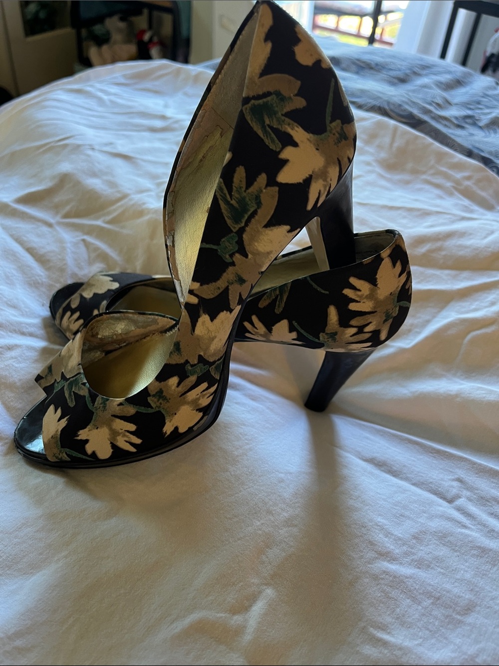 Bandolino Black Floral Peep-Toe Heels with Cream Accents